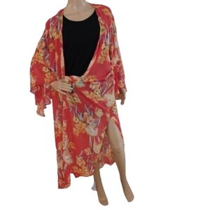 Floral Red Kimono Robe by Umgee High Slit Dramatic Summer Spring Leisure Top